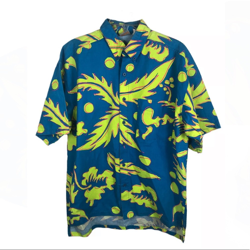 Ocean Pacific OP Vintage Hawaiian Shirt Surf Blue Neon Green Pink - Medium/Large